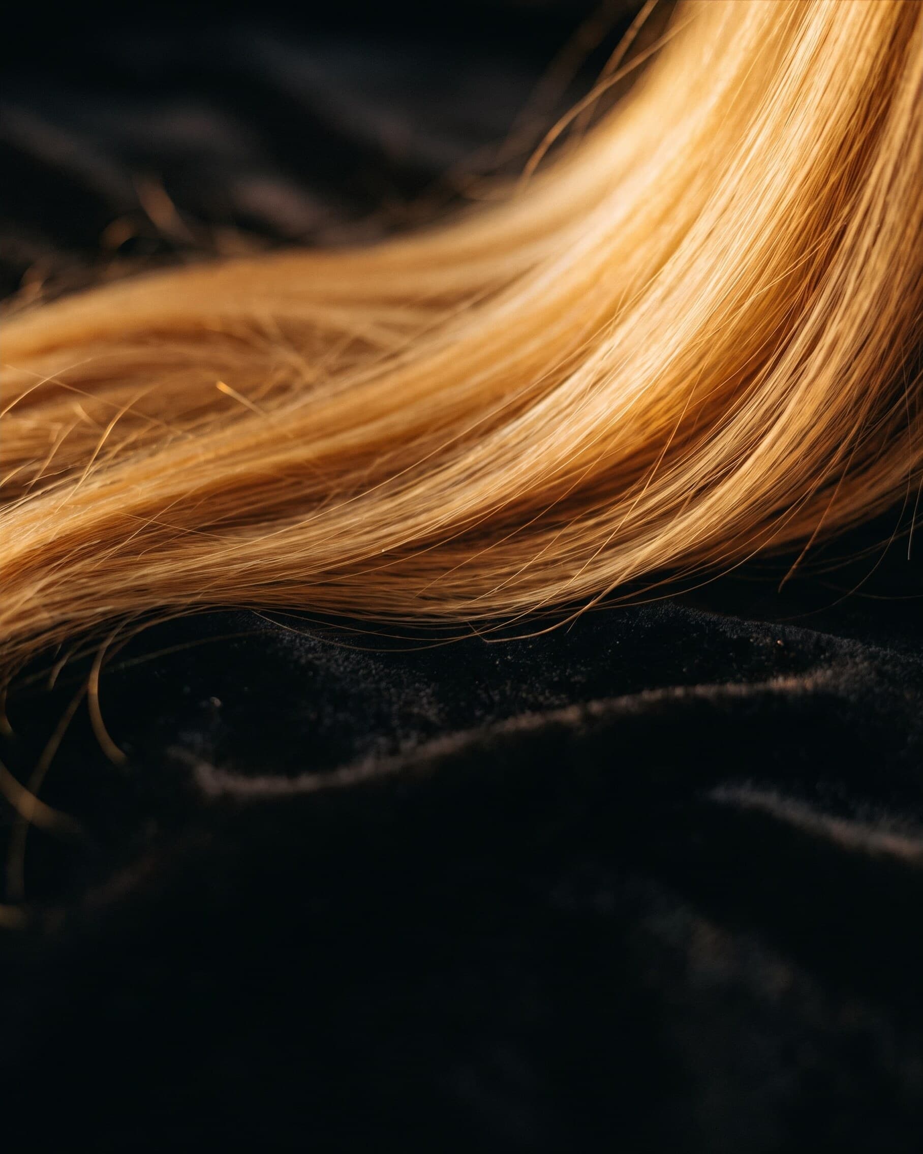 Goldblonde Haarsträhnen im Streiflicht auf dunklem Samt